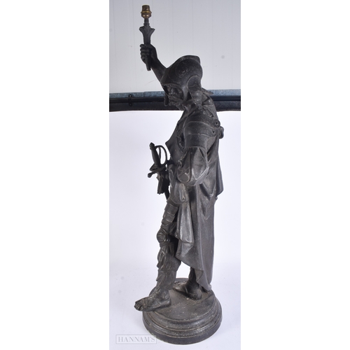64 - A VERY LARGE VICTORIAN COUNTRY HOUSE SPELTER FIGURAL LAMP formed as a soldier. 107 cm x 22 cm.