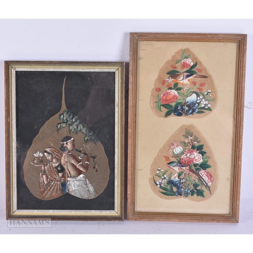 65 - TWO INDIAN PAINTED LEAF PAINTINGS. Largest 28cm x 18cm. (2)