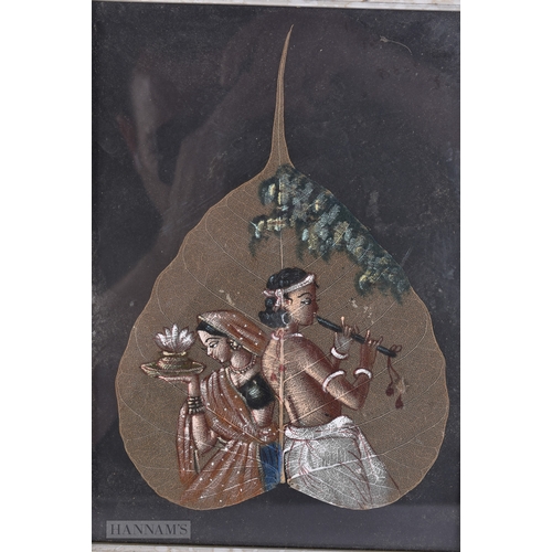 65 - TWO INDIAN PAINTED LEAF PAINTINGS. Largest 28cm x 18cm. (2)