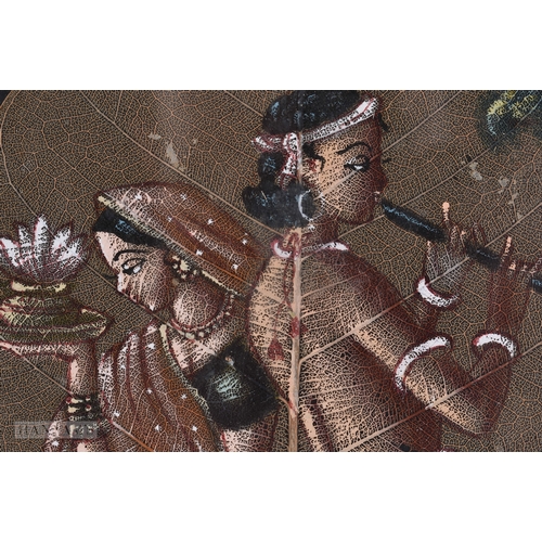 65 - TWO INDIAN PAINTED LEAF PAINTINGS. Largest 28cm x 18cm. (2)