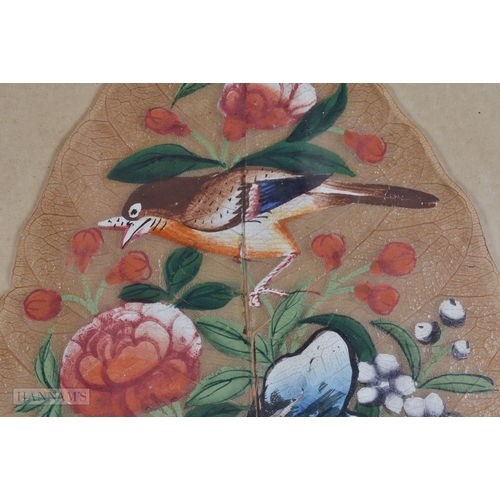 65 - TWO INDIAN PAINTED LEAF PAINTINGS. Largest 28cm x 18cm. (2)