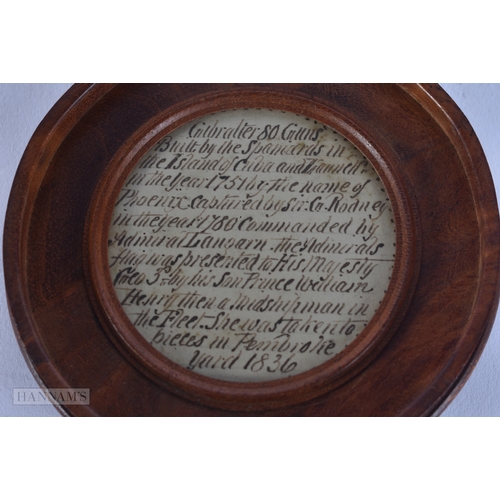 69 - GIBRALTAR/NAVAL INTEREST - AN EARLY 19TH CENTURY TREEN CARVED WOOD SNUFF BOX bearing label to interi... 
