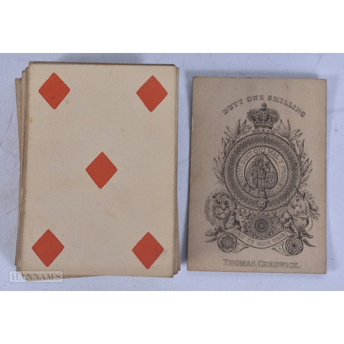 73 - A NEARLY FULL SET OF ANTIQUE THOMAS CRESWICK DUTY ONE SHILLING PLAYING CARDS. 9.5 cm x 6.75 cm. (qty... 
