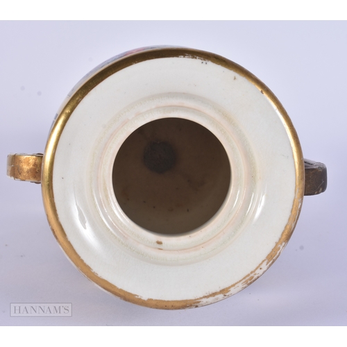 85 - AN EARLY 19TH CENTURY ENGLISH PORCELAIN TWIN HANDLED VASE unusually painted with a still life on a g... 