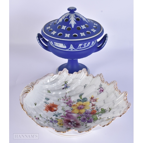 87 - A LARGE ANTIQUE WEDGWOOD BLUE JASPERWARE TWIN HANDLED POSY VASE AND COVER together with a large Germ... 