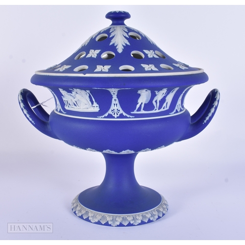 87 - A LARGE ANTIQUE WEDGWOOD BLUE JASPERWARE TWIN HANDLED POSY VASE AND COVER together with a large Germ... 