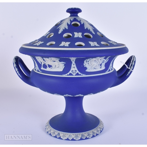 87 - A LARGE ANTIQUE WEDGWOOD BLUE JASPERWARE TWIN HANDLED POSY VASE AND COVER together with a large Germ... 