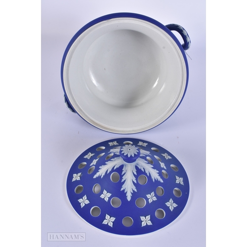 87 - A LARGE ANTIQUE WEDGWOOD BLUE JASPERWARE TWIN HANDLED POSY VASE AND COVER together with a large Germ... 