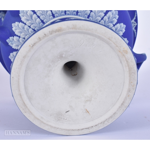 87 - A LARGE ANTIQUE WEDGWOOD BLUE JASPERWARE TWIN HANDLED POSY VASE AND COVER together with a large Germ... 