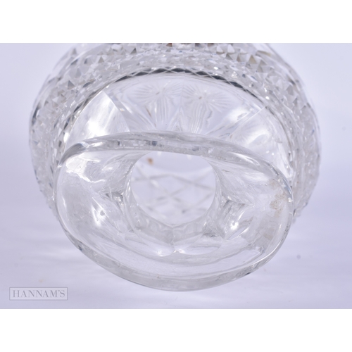 97 - AN ANTIQUE ENAMELLED FOX HUNTING CUT GLASS DECANTER. 21 cm x 12 cm.