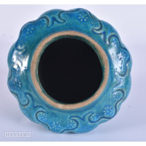 98 - AN EARLY ISLAMIC PERSIAN MIDDLE EASTERN TURQUOISE GLAZED JAR. 12.5 cm x 12 cm.