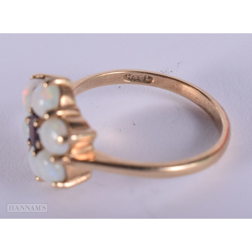 1127 - 9ct gold opal and garnet cluster ring.  Size P (3.5g)