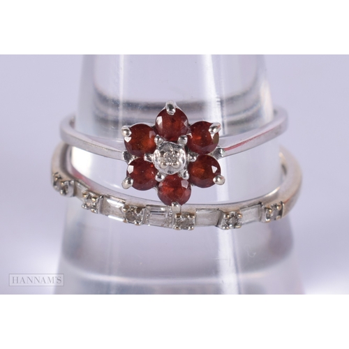 1130 - 9ct white gold garnet and diamond wedding ring set (2.7g) (2)