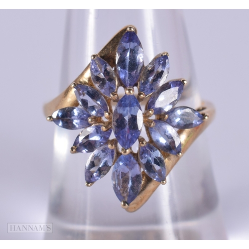 1136 - 9ct gold tanzanite cluster cocktail ring.  Size N (3g)