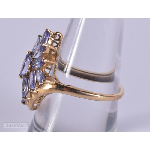 1136 - 9ct gold tanzanite cluster cocktail ring.  Size N (3g)