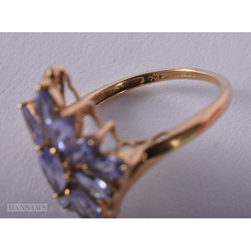 1136 - 9ct gold tanzanite cluster cocktail ring.  Size N (3g)