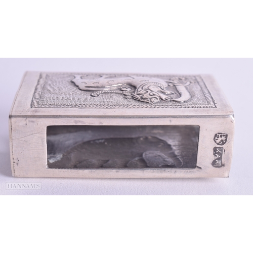 1193 - .930 silver middle eastern figural matchbox cover 32g. 2.25 cm x 5.5 cm.
