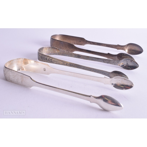 1209 - 3 x .925 sterling silver Georgian sugar tongs 117g. 14.75 cm long. (3)