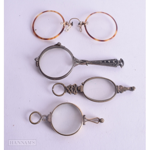 1236 - THREE PAIRS OF LORGNETTES and a pair of spectacles. 66 grams. 10 cm long. (4)