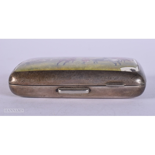 1292 - Victorian 1896 Chester Sterling Silver Cigarette Case w/ Hunt Scene Enamel 102g. 6.25 cm x 8.75 cm.