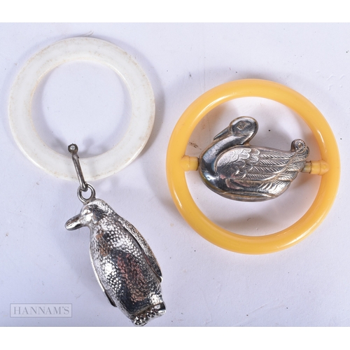 3008 - Two antique silver plate babies rattles in the form of a Penguin and a duck 13cm (2).