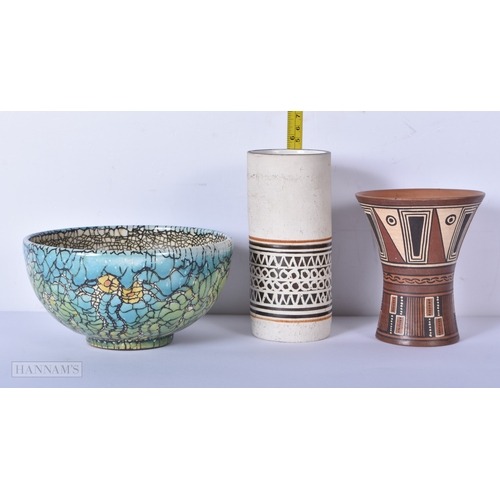 3024 - A small Troika vase together with a signed crackle glaze pottery bowl and a Peruvian vase 8 x 15.5 c... 