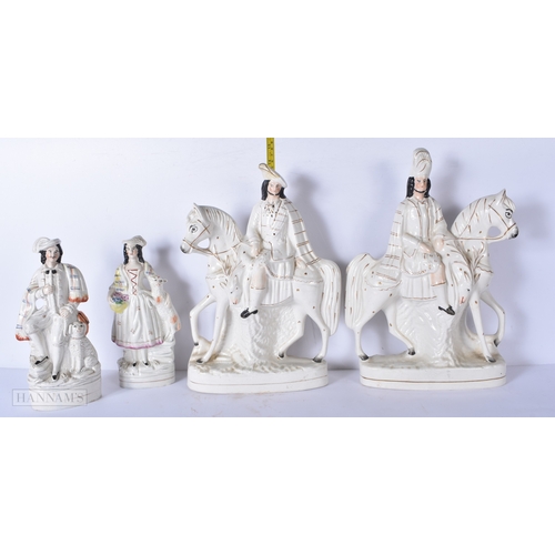 3036 - A pair of 19th Century Staffordshire porcelain Flat back horse riders together with 2 other flatback... 