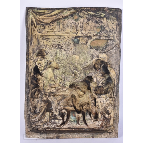 1 - AN 18TH CENTURY CONTINENTAL COPPER REPOUSSE PANEL depicting figures within an interior. 23 cm x 15 c... 