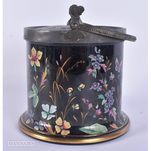 17 - A VICTORIAN AESTHETIC MOVEMENT ENAMELLED POTTERY BISCUIT BARREL AND COVER decorated with insects and... 