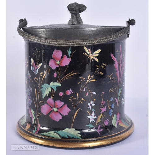 17 - A VICTORIAN AESTHETIC MOVEMENT ENAMELLED POTTERY BISCUIT BARREL AND COVER decorated with insects and... 