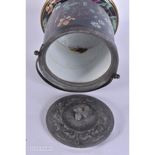 17 - A VICTORIAN AESTHETIC MOVEMENT ENAMELLED POTTERY BISCUIT BARREL AND COVER decorated with insects and... 
