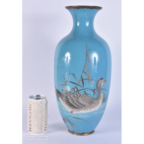 298 - A LARGE 19TH CENTURY JAPANESE MEIJI PERIOD CLOISONNE ENAMEL VASE decorated with a duck. 38 cm x 13 c... 