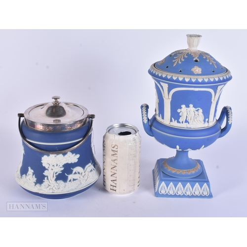 299 - AN UNUSUAL ANTIQUE ADAMS JASPERWARE TWIN HANDLED VASE AND COVER together a smaller similar jasperwar... 