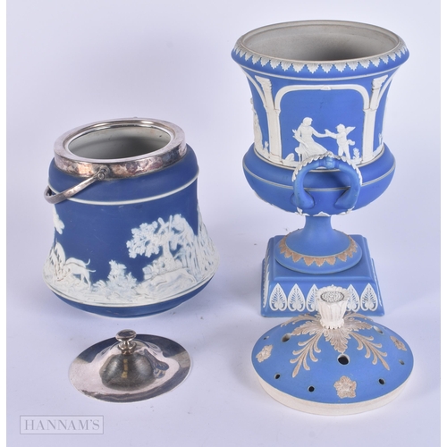 299 - AN UNUSUAL ANTIQUE ADAMS JASPERWARE TWIN HANDLED VASE AND COVER together a smaller similar jasperwar... 