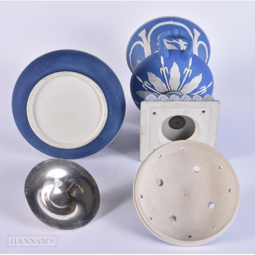 299 - AN UNUSUAL ANTIQUE ADAMS JASPERWARE TWIN HANDLED VASE AND COVER together a smaller similar jasperwar... 