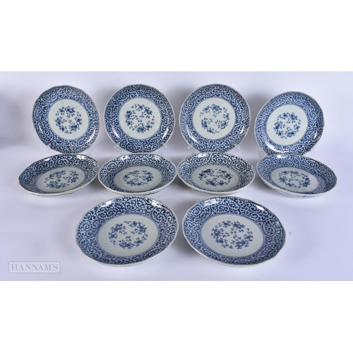 305 - A SET OF TEN 19TH CENTURY JAPANESE MEIJI PERIOD BLUE AND WHITE PLATES painted with flowers. 18 cm wi... 