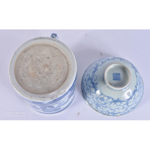 306 - A 19TH CENTURY CHINESE BLUE AND WHITE PORCELAIN MUG Qing, together with a blue and white bowl. Large... 