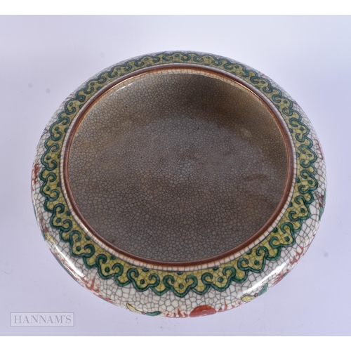 308 - A 19TH CENTURY CHINESE CRACKLE GLAZED PORCELAIN CENSER upon a hardwood base. 24 cm x 17 cm.