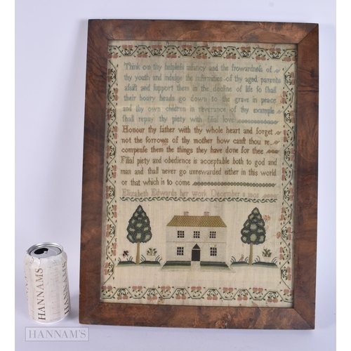 310 - A LARGE EARLY 19TH CENTURY FRAMED AND EMBROIDERED SAMPLER by Elizabeth Edwards. 48 cm x 36 cm.