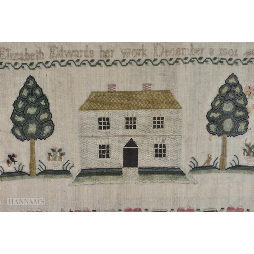 310 - A LARGE EARLY 19TH CENTURY FRAMED AND EMBROIDERED SAMPLER by Elizabeth Edwards. 48 cm x 36 cm.