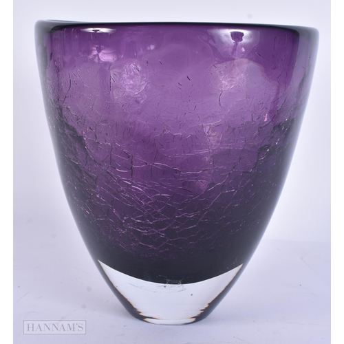 31 - A MID CENTURY AMETHYST CRACKLE GLAZED GLASS VASE. 18 cm x 15 cm.