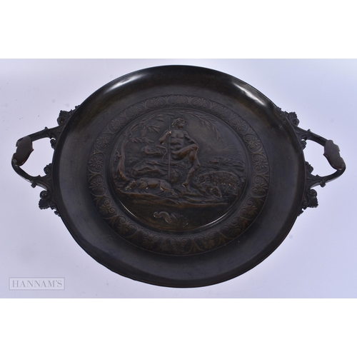318 - A LARGE 19TH CENTURY FRENCH TWIN HANDLED BRONZE COMPORT decorated with a figure. 40 cm wide.
