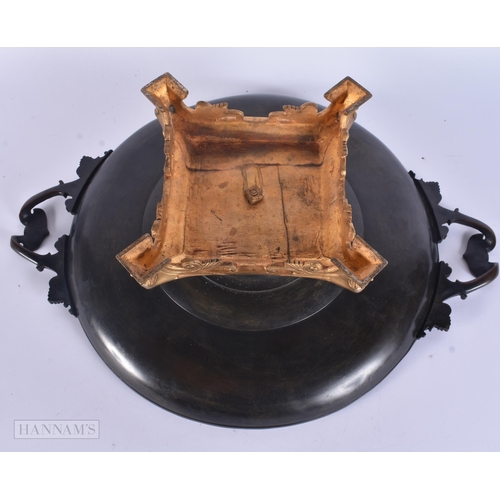 318 - A LARGE 19TH CENTURY FRENCH TWIN HANDLED BRONZE COMPORT decorated with a figure. 40 cm wide.