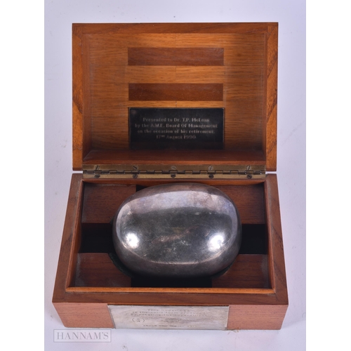 328 - Boxed presentation silver plated egg. Presented to Dr. T.P.Mclean by the A.W.E. Board of Management ... 