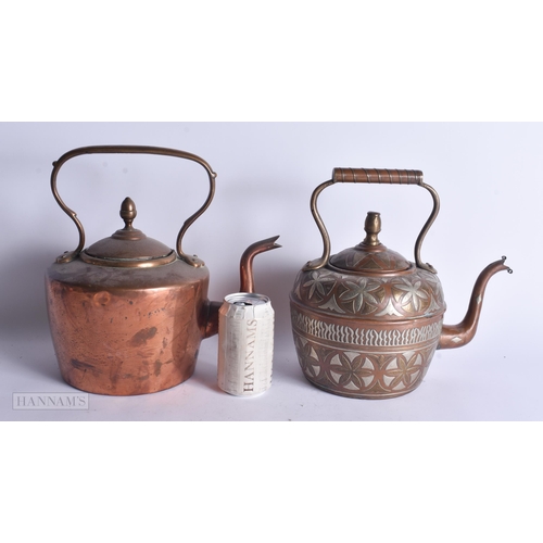 345 - TWO ANTIQUE COPPER TEAPOTS. Largest 30 cm x 24 cm. (2)