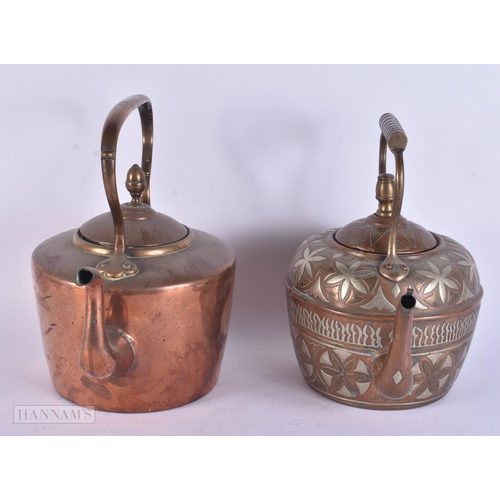 345 - TWO ANTIQUE COPPER TEAPOTS. Largest 30 cm x 24 cm. (2)