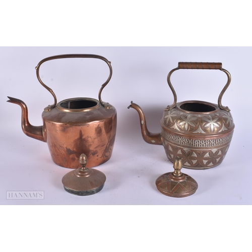 345 - TWO ANTIQUE COPPER TEAPOTS. Largest 30 cm x 24 cm. (2)