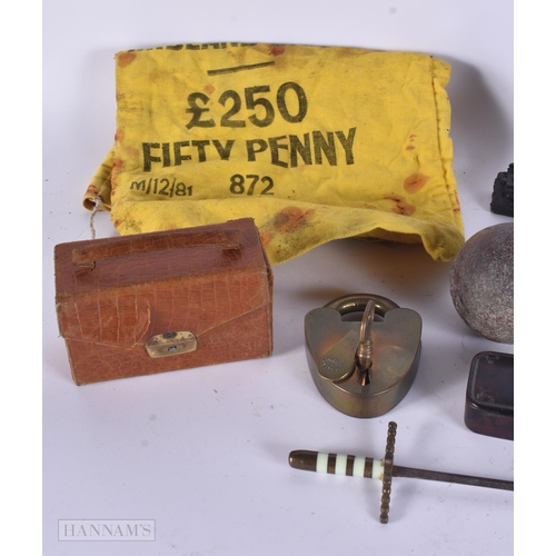 349 - A BOX OF COLLECTABLES including a padlock. (qty)