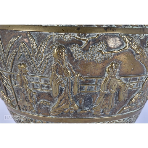 419 - A LARGE 19TH CENTURY CHINESE TWIN HANDLED BRONZE VASE Qing, decorated with figures in landscapes. 36... 
