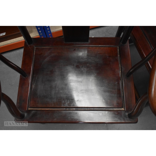 423 - A PAIR OF CHINESE QING DYNASTY CARVED HARDWOOD ARM CHAIRS. 90cm x 60cm.
